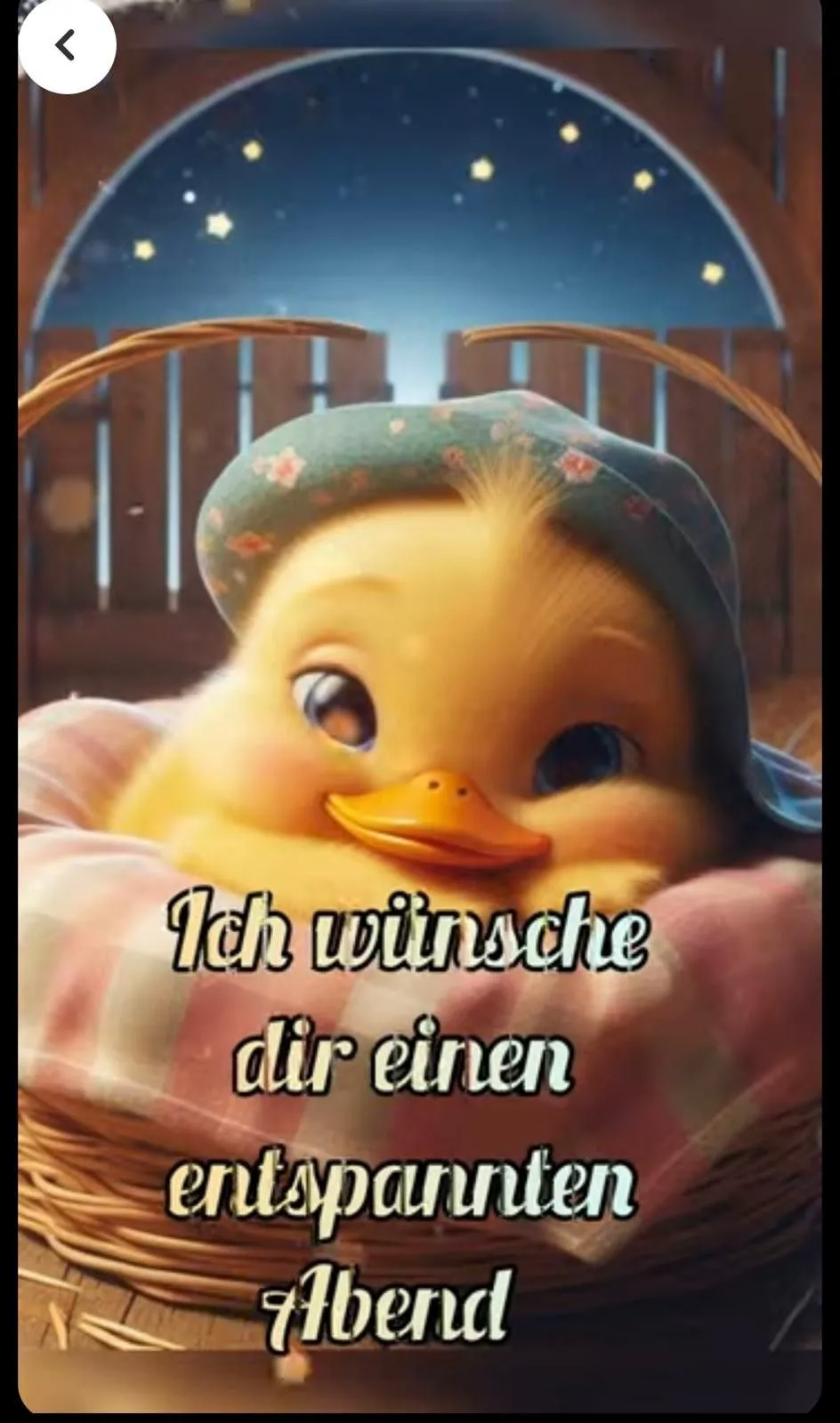 Ein niedliches gelbes Küken in einem Korb mit einem grünen Hut und einem rosa Tuch, im Hintergrund ein nächtlicher Himmel mit Sternen.